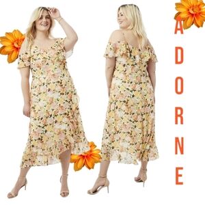 Adorne Grace Cold Shoulder Maxi Dress MultiFloral Chiffon Wrap Style Lined Sz 12